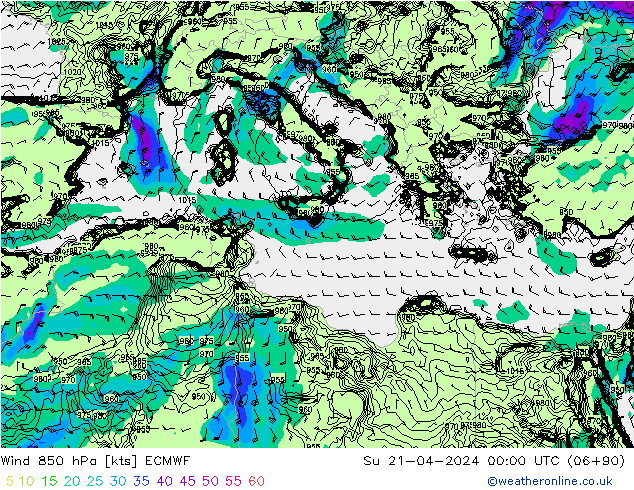 Wind 850 hPa ECMWF So 21.04.2024 00 UTC