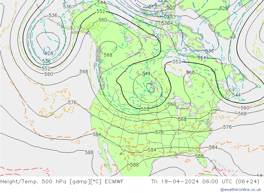 Height/Temp. 500 hPa ECMWF Do 18.04.2024 06 UTC