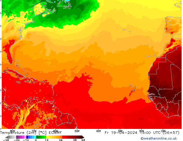 Temperature (2m) ECMWF Fr 19.04.2024 15 UTC