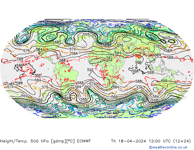 Z500/Rain (+SLP)/Z850 ECMWF Čt 18.04.2024 12 UTC