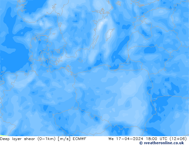 Deep layer shear (0-1km) ECMWF śro. 17.04.2024 18 UTC