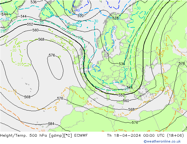 Z500/Rain (+SLP)/Z850 ECMWF Čt 18.04.2024 00 UTC