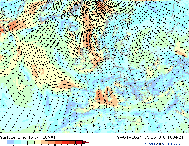 Wind 10 m (bft) ECMWF vr 19.04.2024 00 UTC