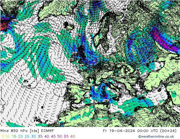 Wind 850 hPa ECMWF Fr 19.04.2024 00 UTC