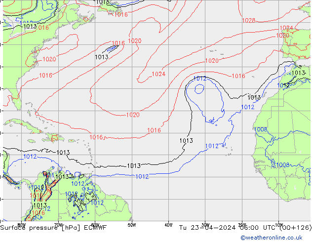 Atmosférický tlak ECMWF Út 23.04.2024 06 UTC