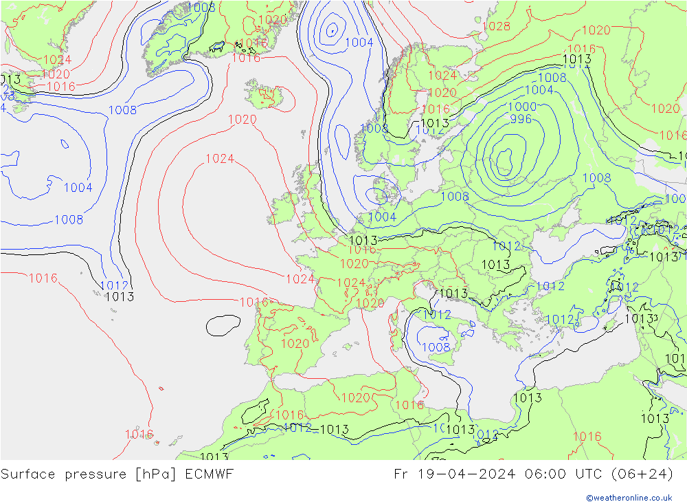 Atmosférický tlak ECMWF Pá 19.04.2024 06 UTC