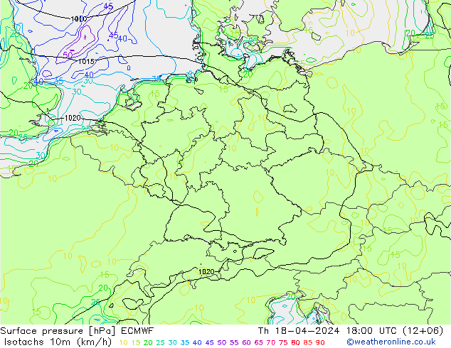 Isotachen (km/h) ECMWF Do 18.04.2024 18 UTC