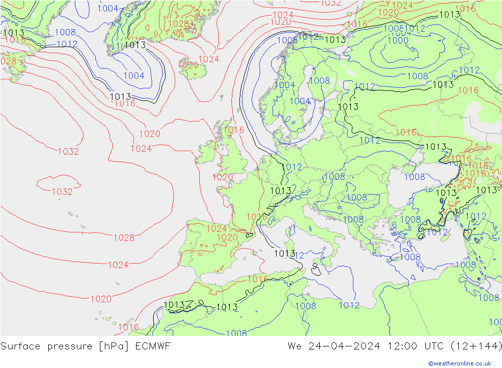 Atmosférický tlak ECMWF St 24.04.2024 12 UTC