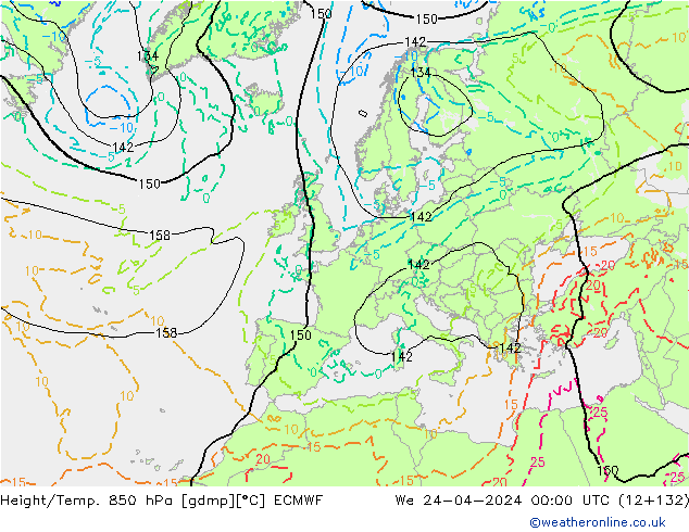 Z500/Rain (+SLP)/Z850 ECMWF mer 24.04.2024 00 UTC