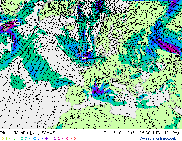 Wind 950 hPa ECMWF Do 18.04.2024 18 UTC
