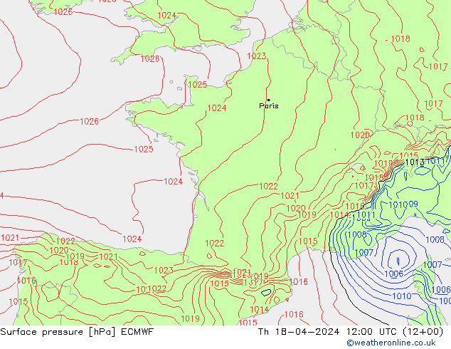 Pressione al suolo ECMWF gio 18.04.2024 12 UTC