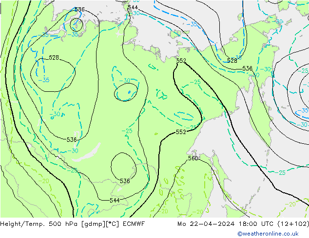 Height/Temp. 500 hPa ECMWF Po 22.04.2024 18 UTC