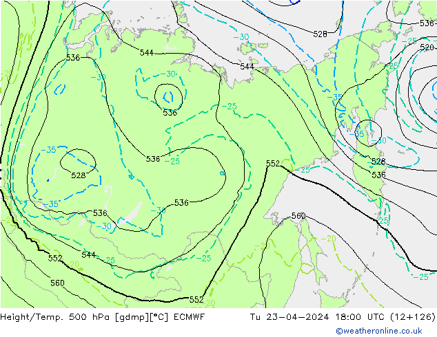 Height/Temp. 500 hPa ECMWF Tu 23.04.2024 18 UTC