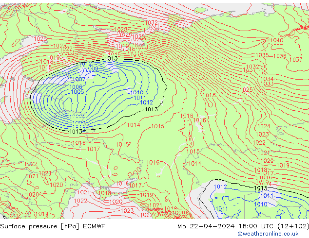 pressão do solo ECMWF Seg 22.04.2024 18 UTC