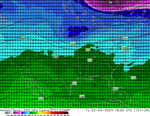 Height/Temp. 500 hPa ECMWF Út 23.04.2024 18 UTC