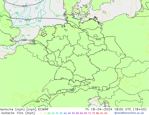 Isotachen (mph) ECMWF Do 18.04.2024 18 UTC