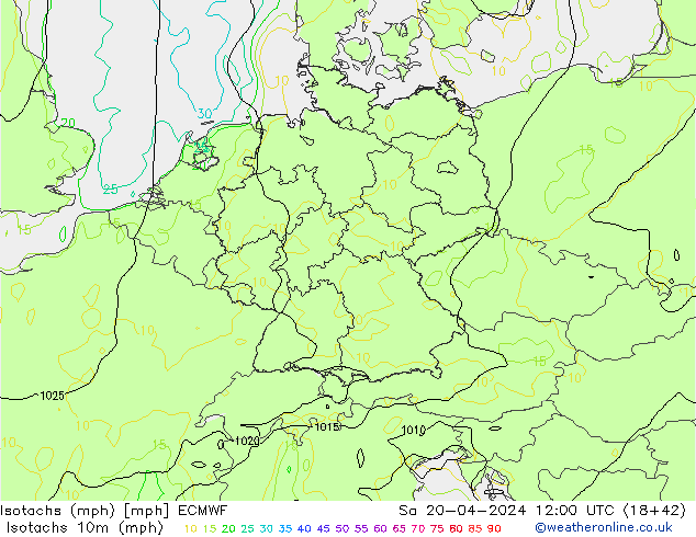 Isotachs (mph) ECMWF Sa 20.04.2024 12 UTC