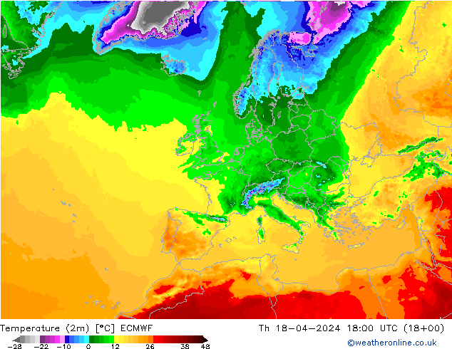 Temperatura (2m) ECMWF gio 18.04.2024 18 UTC