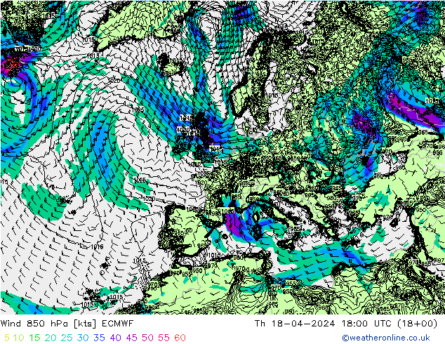 Wind 850 hPa ECMWF Do 18.04.2024 18 UTC
