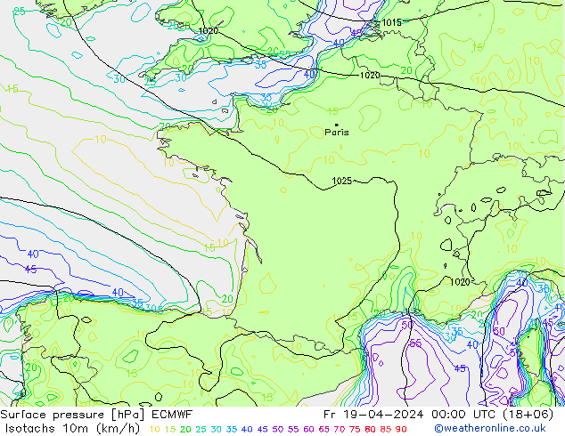 Isotachs (kph) ECMWF Fr 19.04.2024 00 UTC