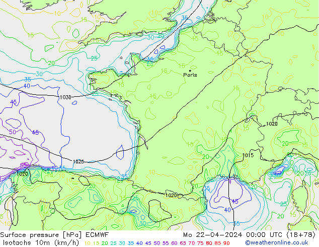 Isotachs (kph) ECMWF Mo 22.04.2024 00 UTC