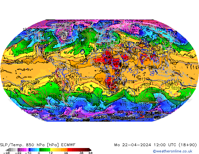 SLP/Temp. 850 hPa ECMWF Seg 22.04.2024 12 UTC