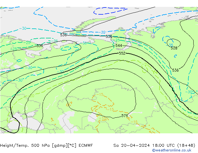 Hoogte/Temp. 500 hPa ECMWF za 20.04.2024 18 UTC