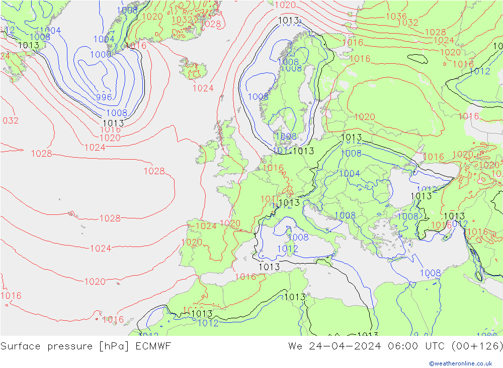 Luchtdruk (Grond) ECMWF wo 24.04.2024 06 UTC
