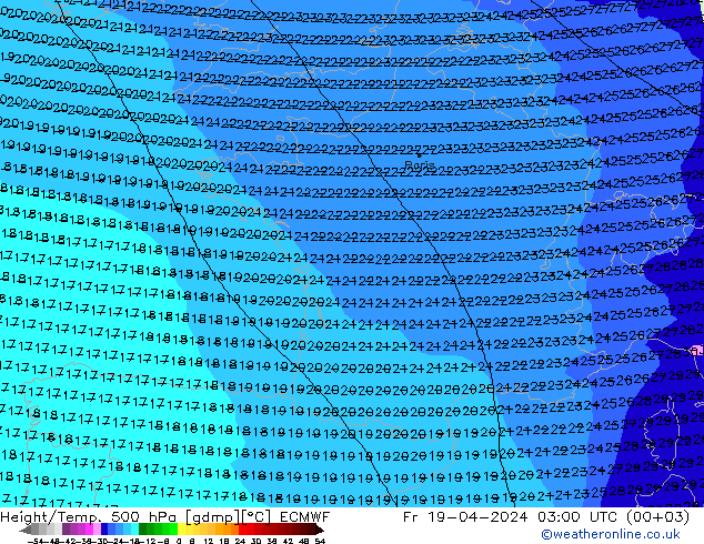 Hoogte/Temp. 500 hPa ECMWF vr 19.04.2024 03 UTC