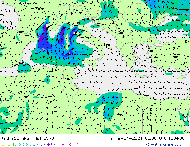 Wind 950 hPa ECMWF Fr 19.04.2024 00 UTC