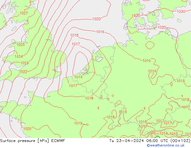 Atmosférický tlak ECMWF Út 23.04.2024 06 UTC
