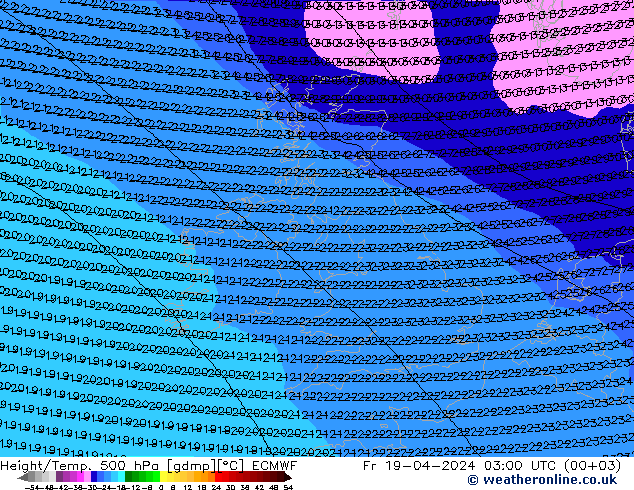 Height/Temp. 500 hPa ECMWF Fr 19.04.2024 03 UTC