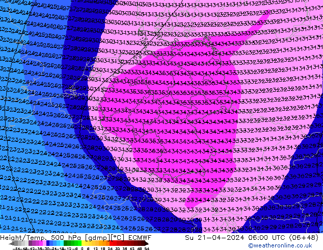 Height/Temp. 500 гПа ECMWF Вс 21.04.2024 06 UTC