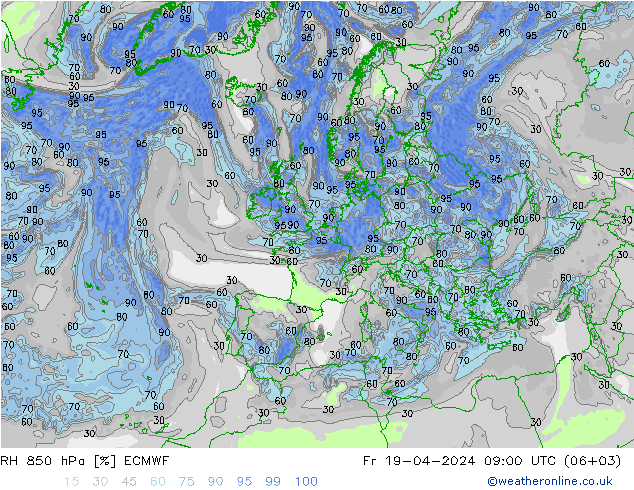 Humidité rel. 850 hPa ECMWF ven 19.04.2024 09 UTC