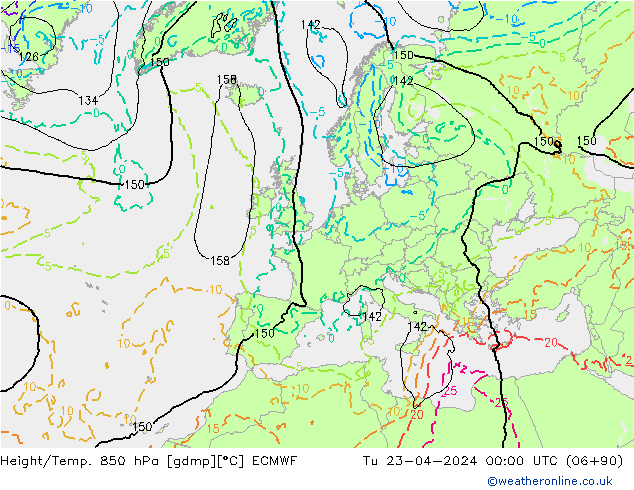 Height/Temp. 850 hPa ECMWF Tu 23.04.2024 00 UTC