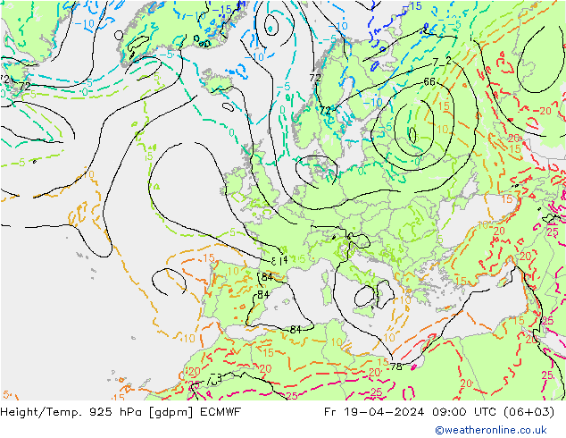 Height/Temp. 925 hPa ECMWF Fr 19.04.2024 09 UTC