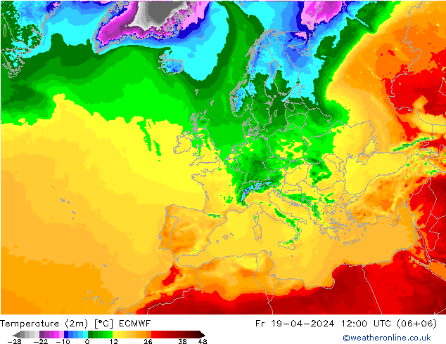 mapa temperatury (2m) ECMWF pt. 19.04.2024 12 UTC