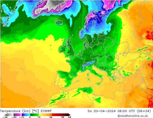 Temperatura (2m) ECMWF sab 20.04.2024 06 UTC