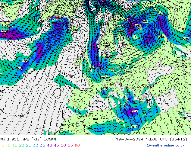 Wind 950 hPa ECMWF Fr 19.04.2024 18 UTC