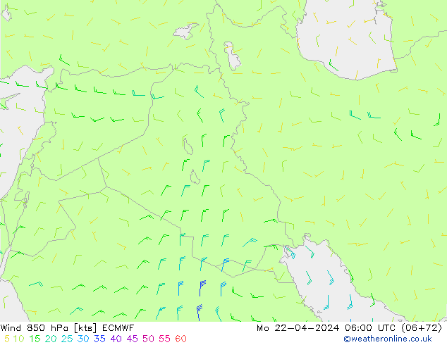 Rüzgar 850 hPa ECMWF Pzt 22.04.2024 06 UTC