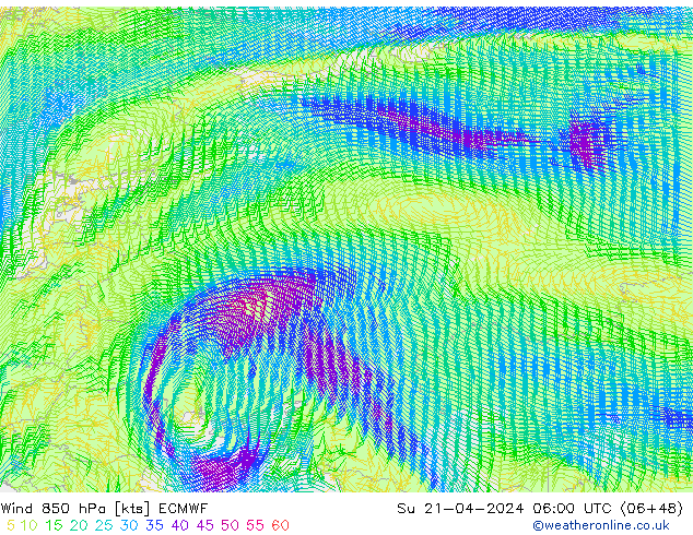 Wind 850 hPa ECMWF Su 21.04.2024 06 UTC