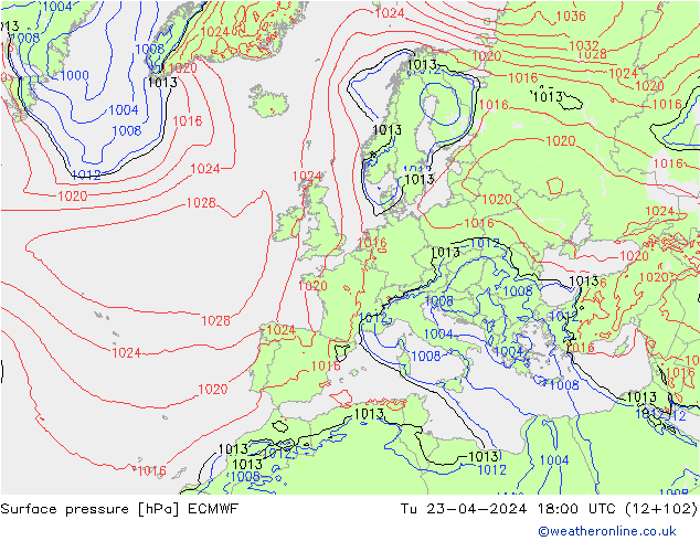 Bodendruck ECMWF Di 23.04.2024 18 UTC