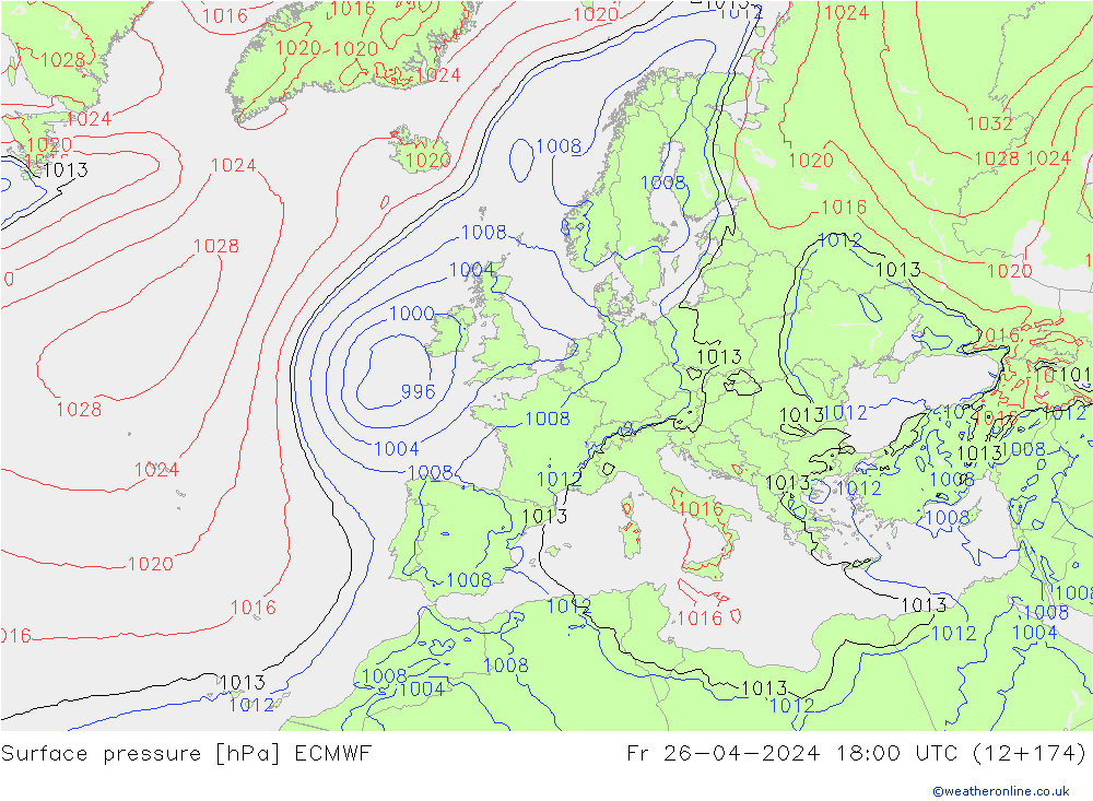 Presión superficial ECMWF vie 26.04.2024 18 UTC