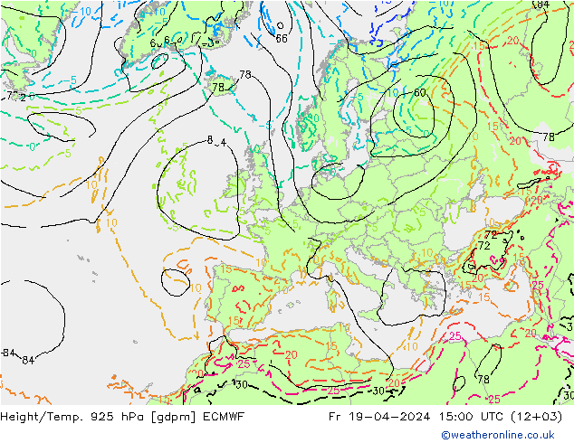 Height/Temp. 925 hPa ECMWF Fr 19.04.2024 15 UTC