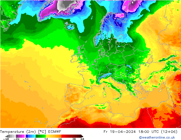 Temperaturkarte (2m) ECMWF Fr 19.04.2024 18 UTC