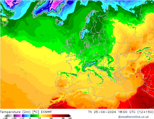 Temperature (2m) ECMWF Th 25.04.2024 18 UTC