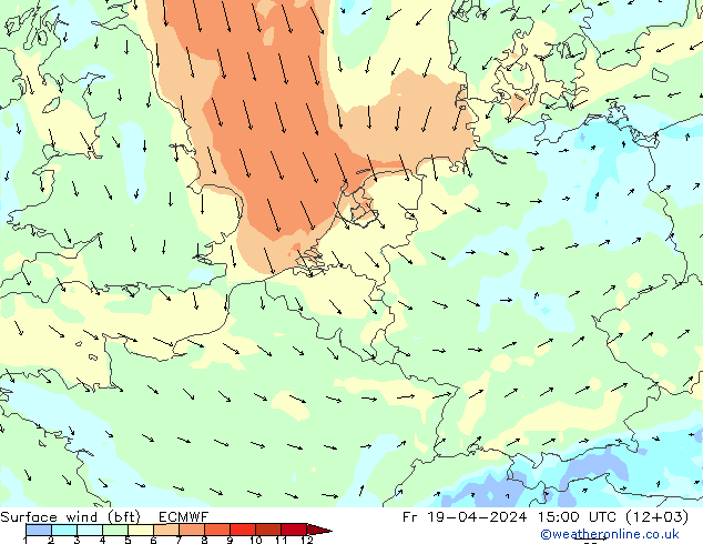 Surface wind (bft) ECMWF Fr 19.04.2024 15 UTC