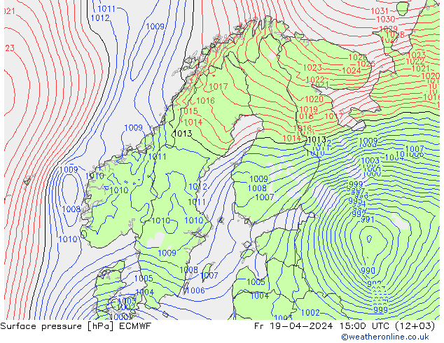 Bodendruck ECMWF Fr 19.04.2024 15 UTC