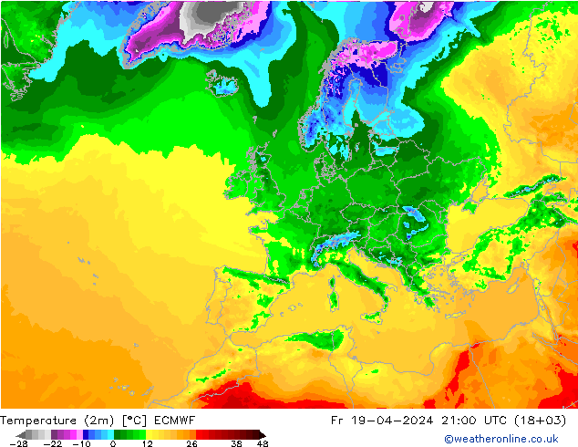 Temperatura (2m) ECMWF vie 19.04.2024 21 UTC