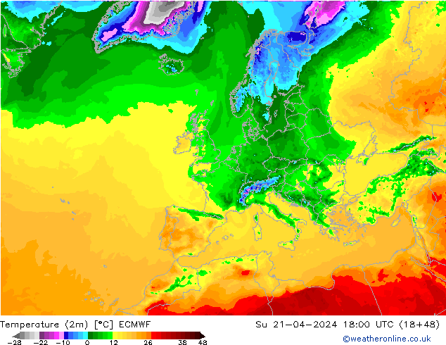 Temperaturkarte (2m) ECMWF So 21.04.2024 18 UTC